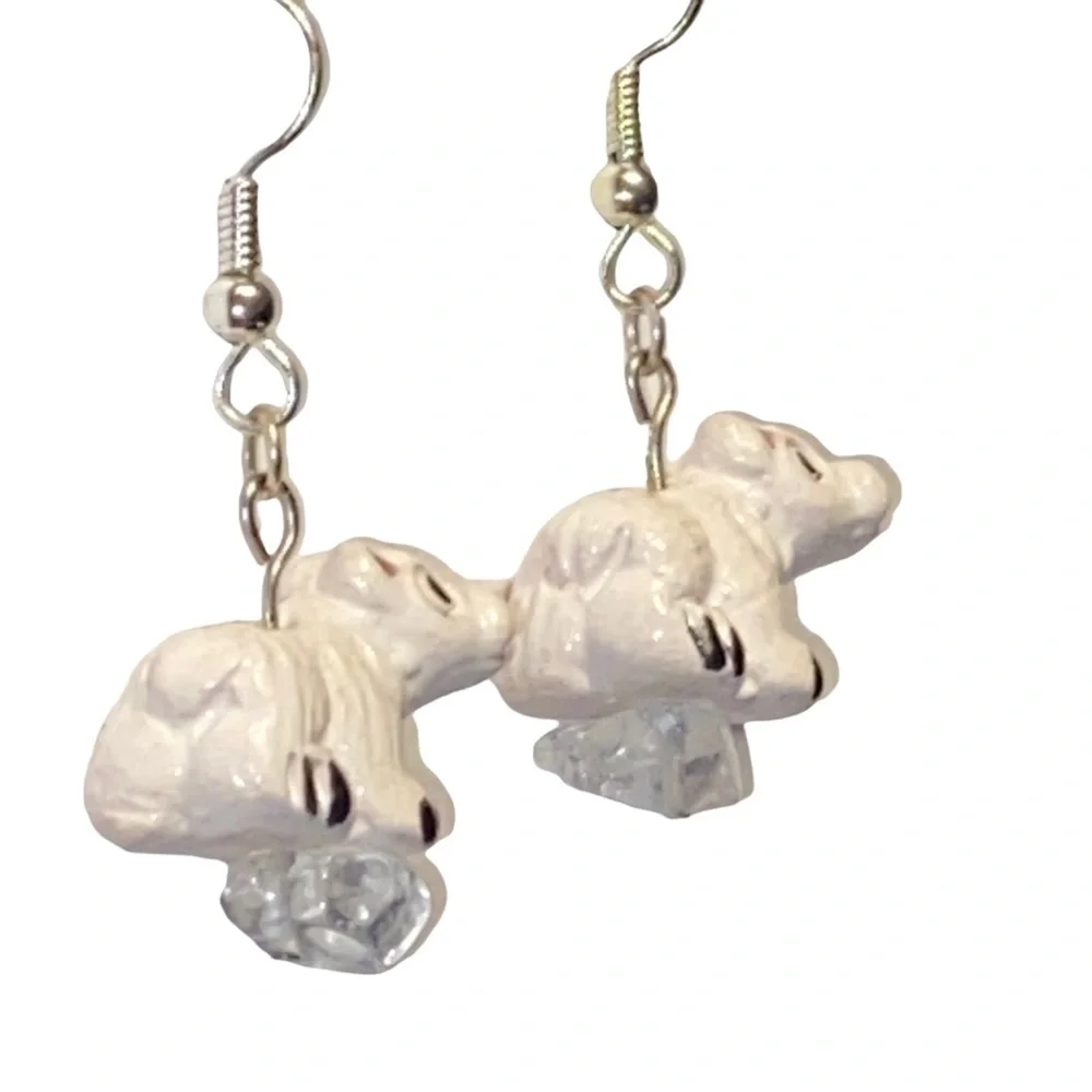 HAND CRAFTED Earrings Polar Bear Quartz Crystal Dangle Drop Long Ceramic Pierced - Picture 5 of 9